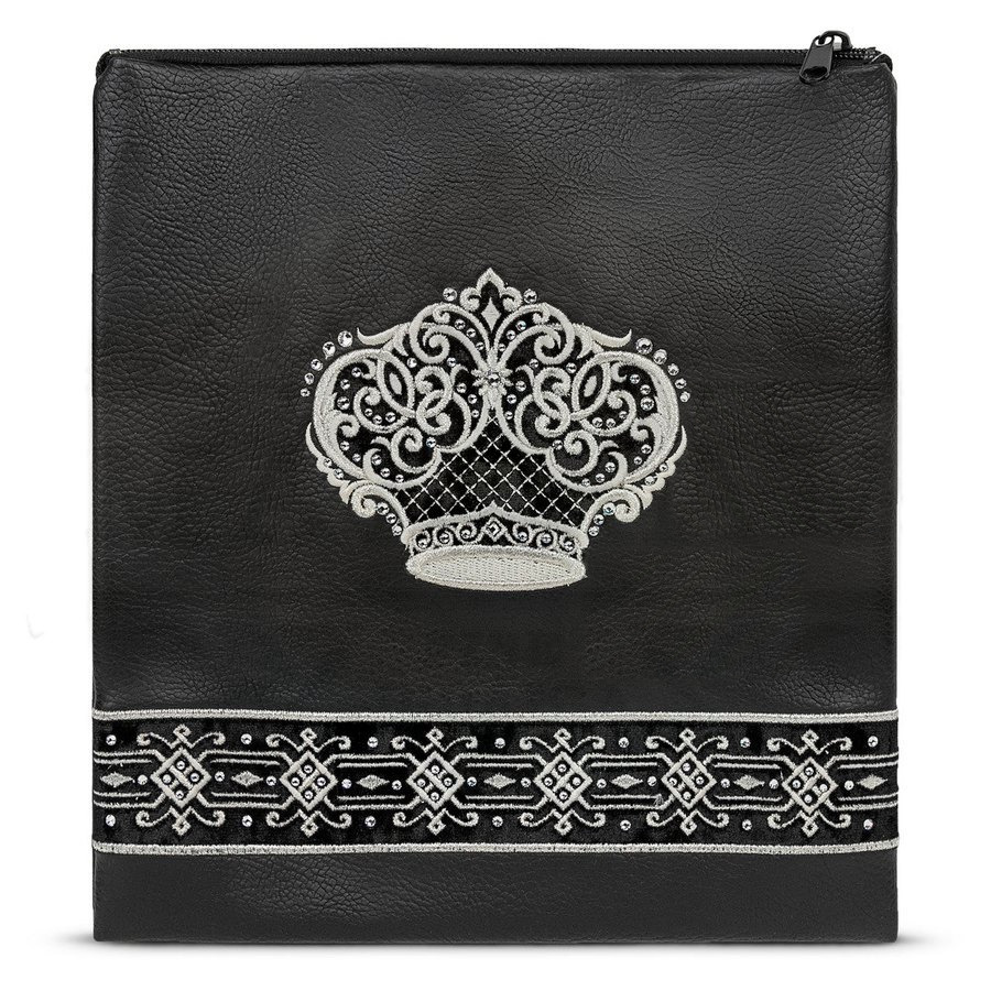 Tallit bag in black faux leather and black crushed velvet, design MC 586