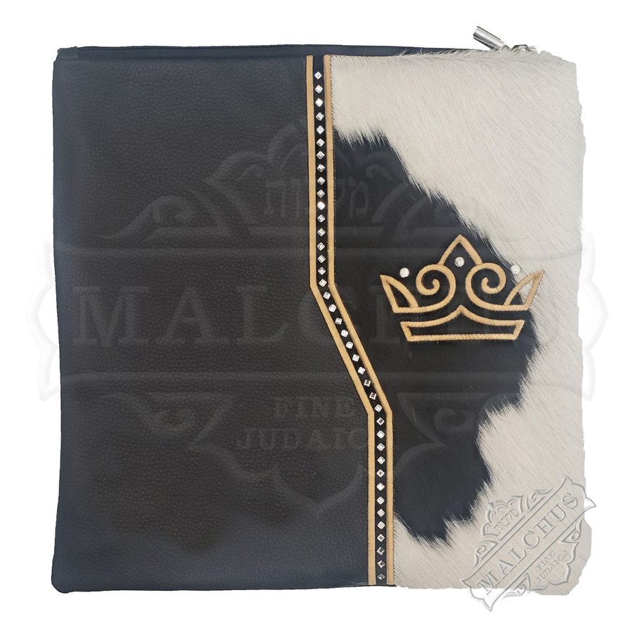 Tallit bag in black leather and black and white cowhide with gold crown, design MC 1252