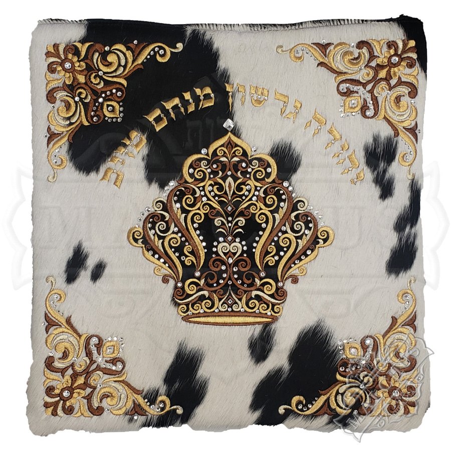 Tallit bag in black and white cowhide with gold crown, design MC 2080