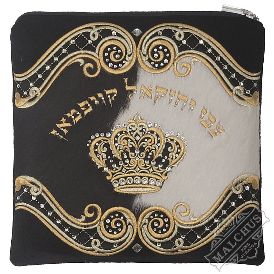 Tallit bag in black velvet and black and white fur, design MC V2048