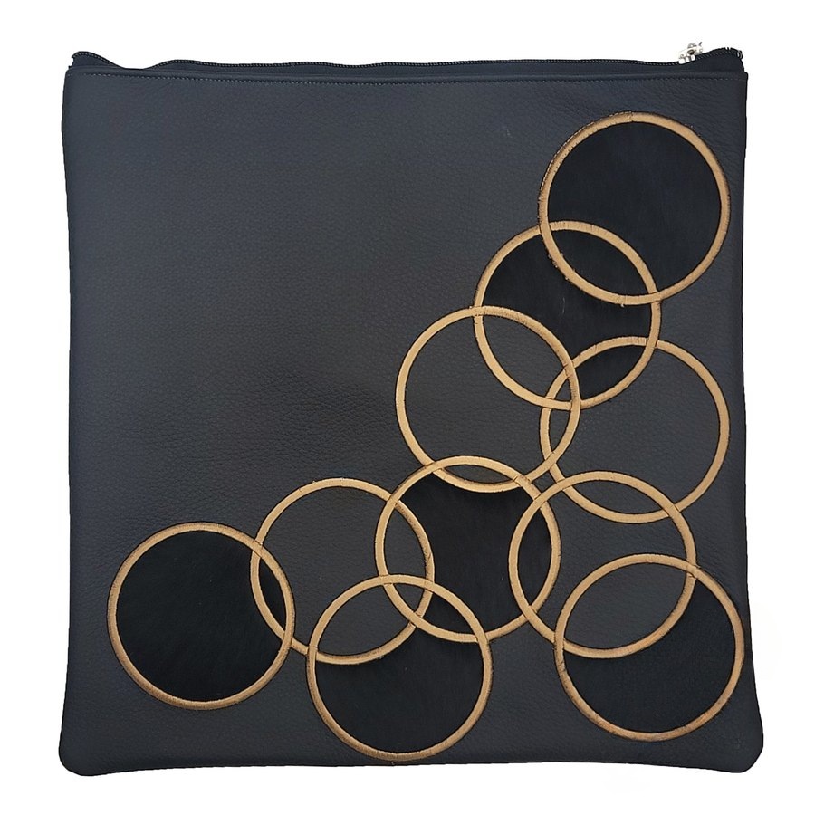 Tallis Bag Design MC 1268 - Black Leather and Black Fur with Gold Embroidery