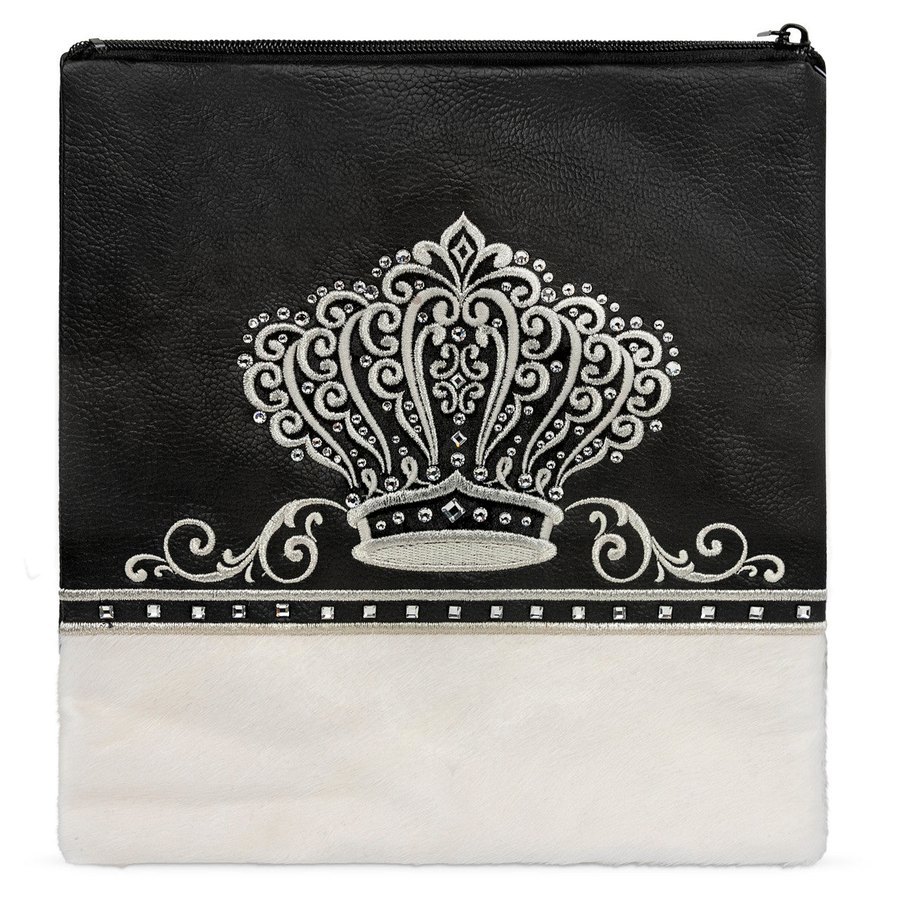 Tallit bag in black faux leather and white fur, design MC 596
