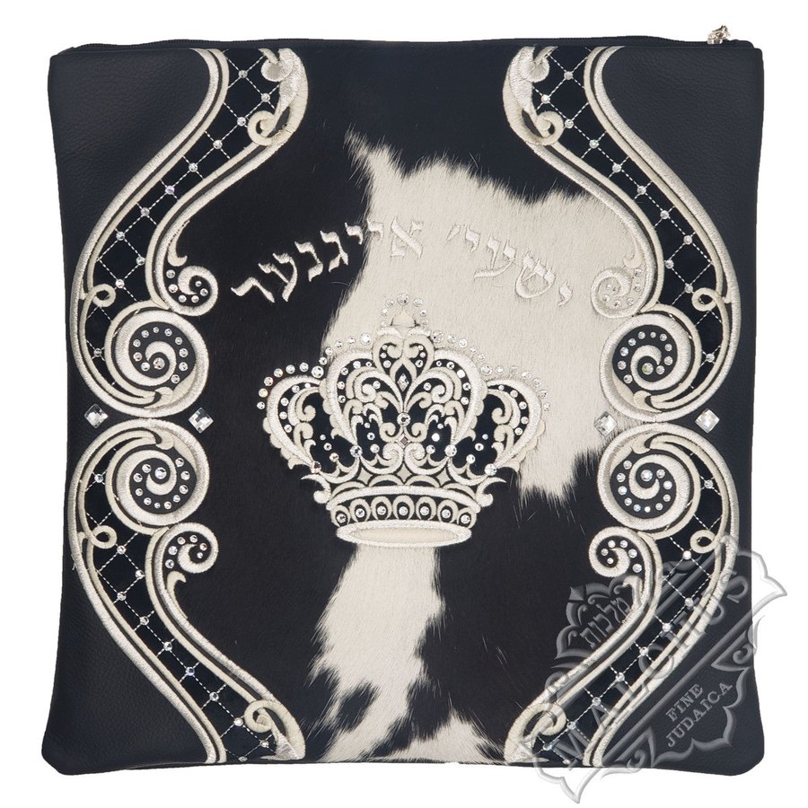 Tallit bag in black leather and cowhide with silver crown, design MC 2051