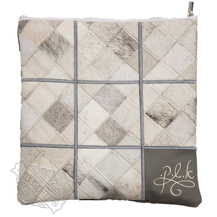 Tallit bag in grey and white cowhide squares, design MC 7045