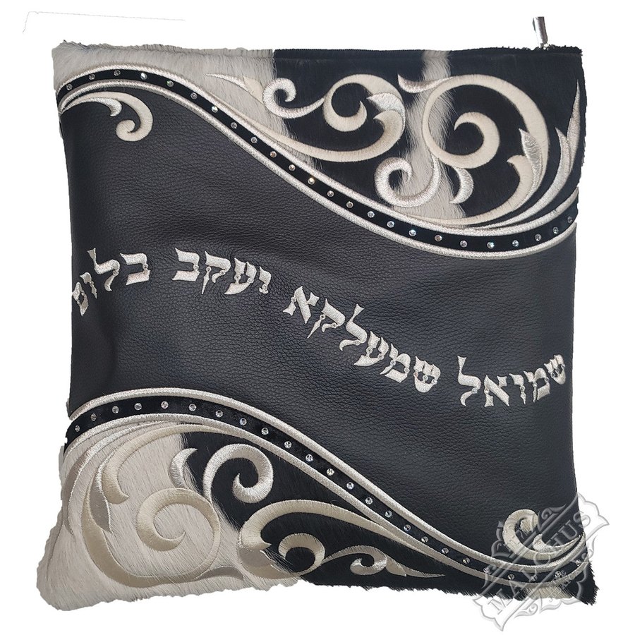 Tallit bag in black leather, white velvet scrolls and black & white fur, design MC 2014