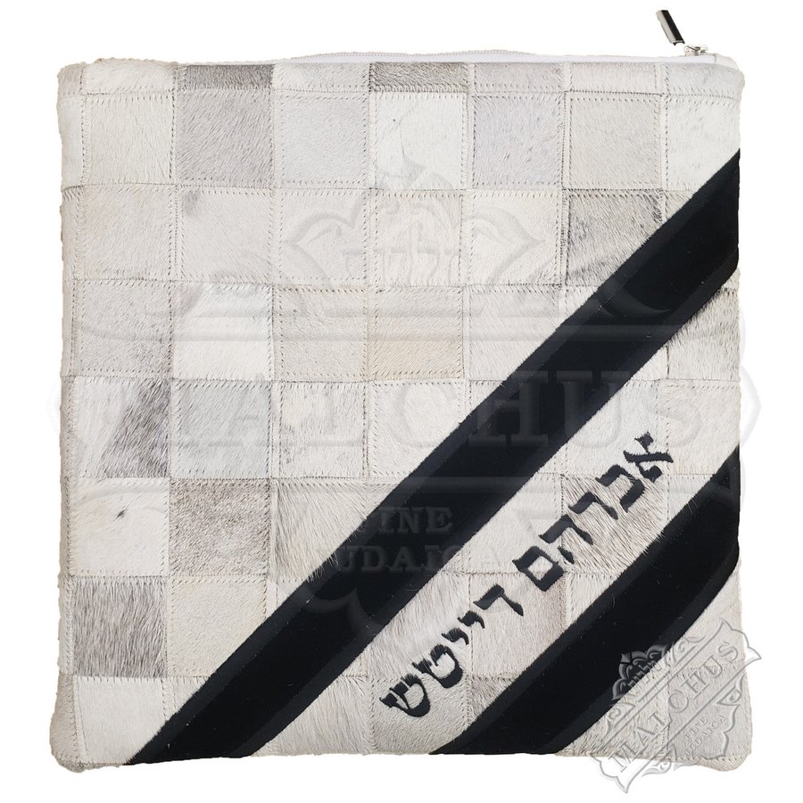 Tallit bag in white and grey fur patchwork with black velvet, design MC 7050