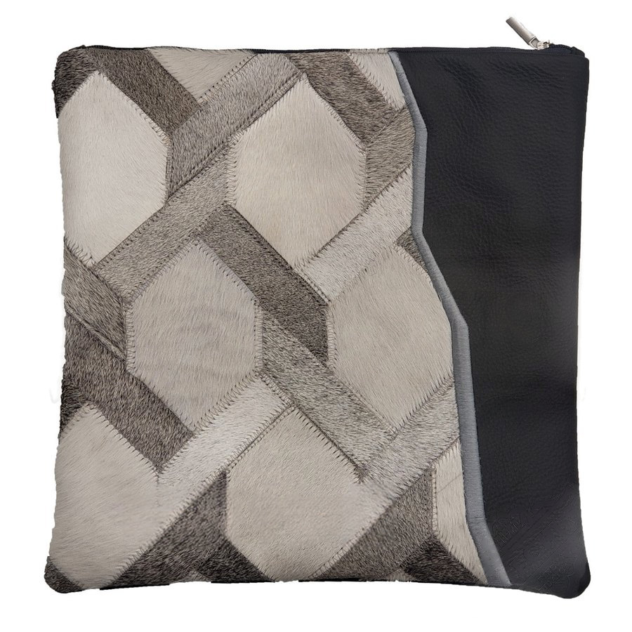 Tallit bag in black leather and grey & white fur, design MC 7055