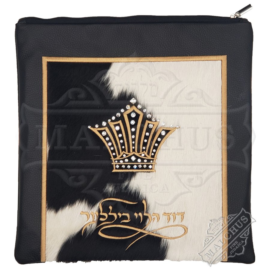 Tallit bag in black leather and black & white fur, design MC 2018
