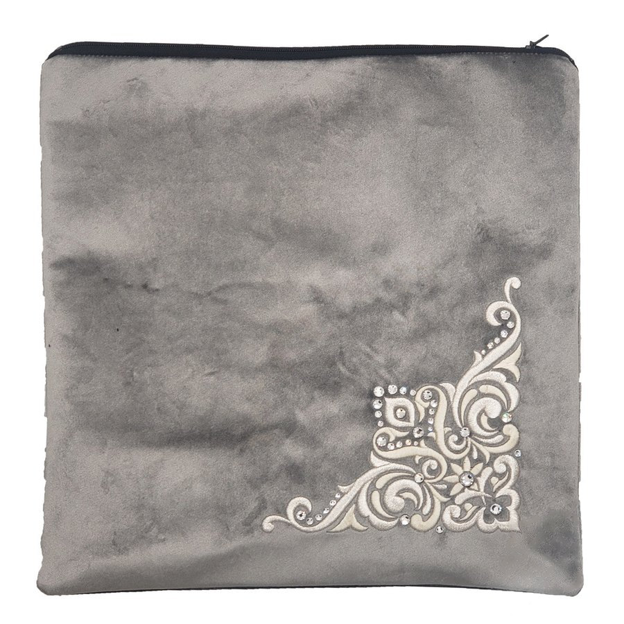 Tallit bag in grey velvet with white embroidery, design MC V2037