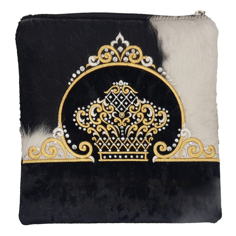Tallit bag in black velvet and black & white fur with gold embroidery, design MC V4049