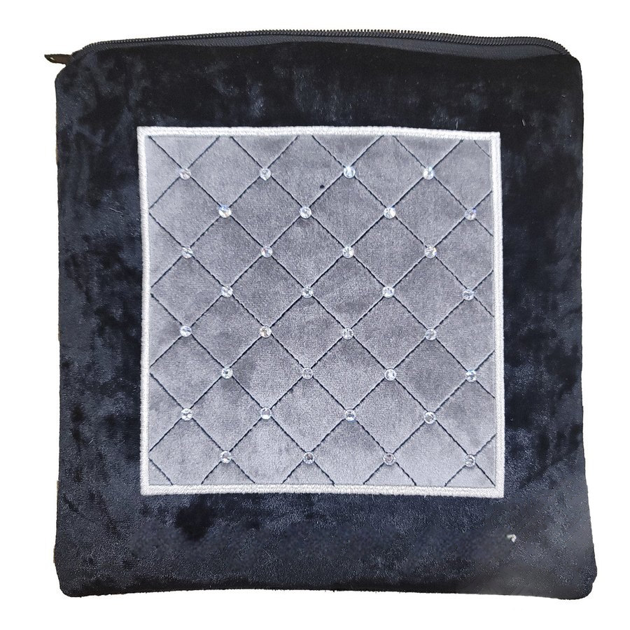 Tallit bag in black crushed velvet with silver quilted panel, design MC V1280