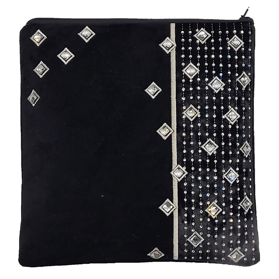 Tallit bag in black velvet with silver embroidery and crystals, design MC V1445