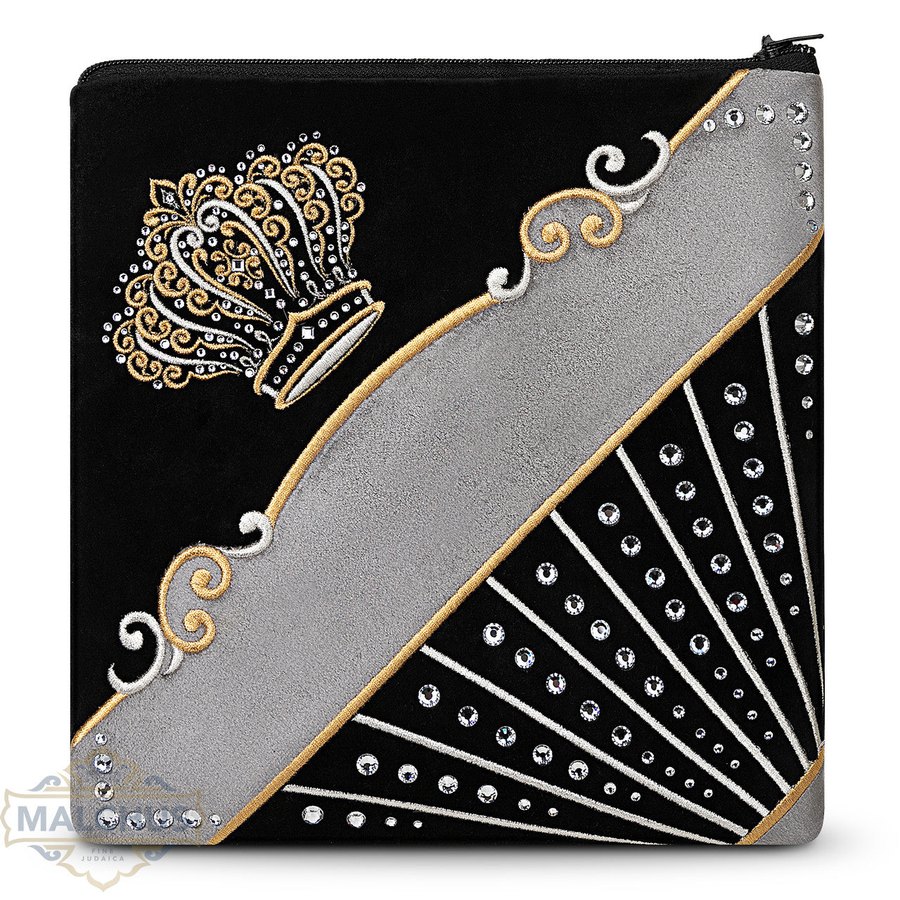 Tallit bag in black and grey velvet with gold and silver embroidery, design MC 825