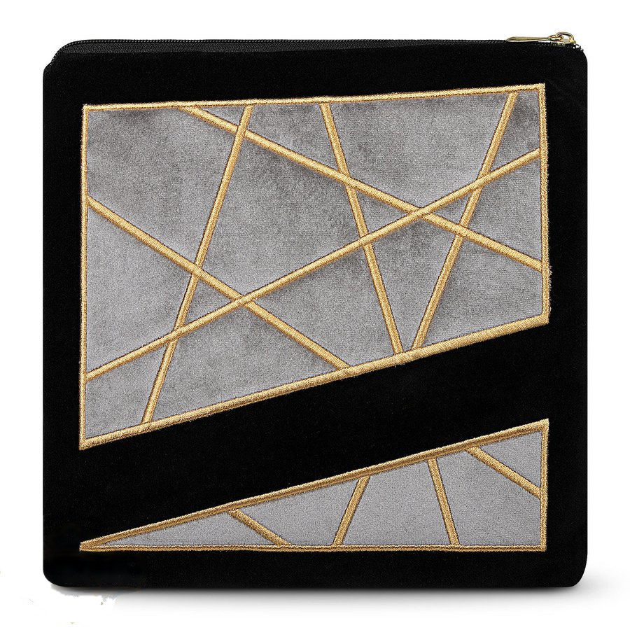 Tallit bag in grey crushed velvet and black velvet with gold embroidery, design MC 976