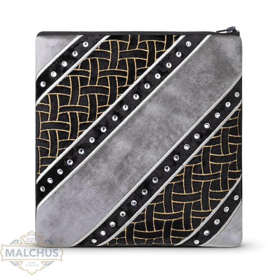 Tallit bag in grey crushed velvet with black patterned panels, design MC 999