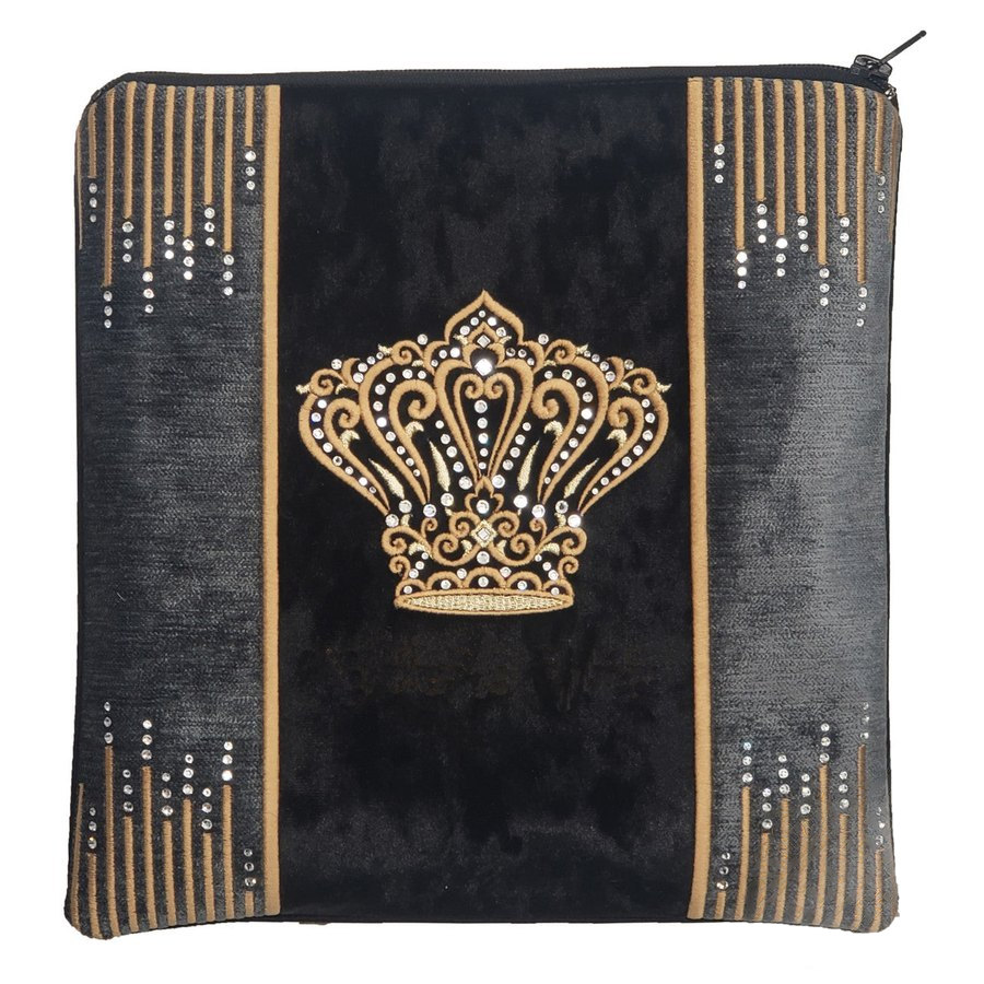 Tallit bag in black velvet and grey crushed velvet with gold embroidery, design MC 935