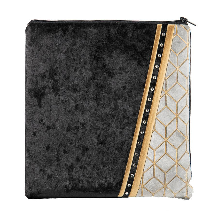 Tallit bag in black and grey crushed velvet with a cream panel and gold embroidery, design MC 875