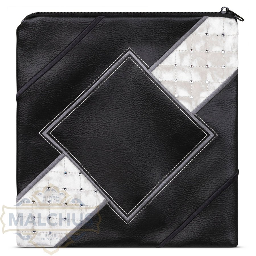 Tallit bag in black faux leather and white velvet, design MC 636