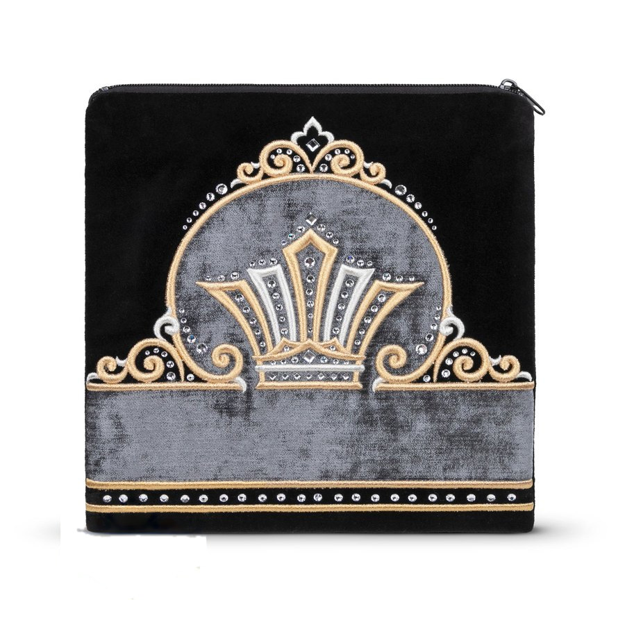 Tallit bag in black velvet and grey crushed velvet with gold embroidery, design MC 856