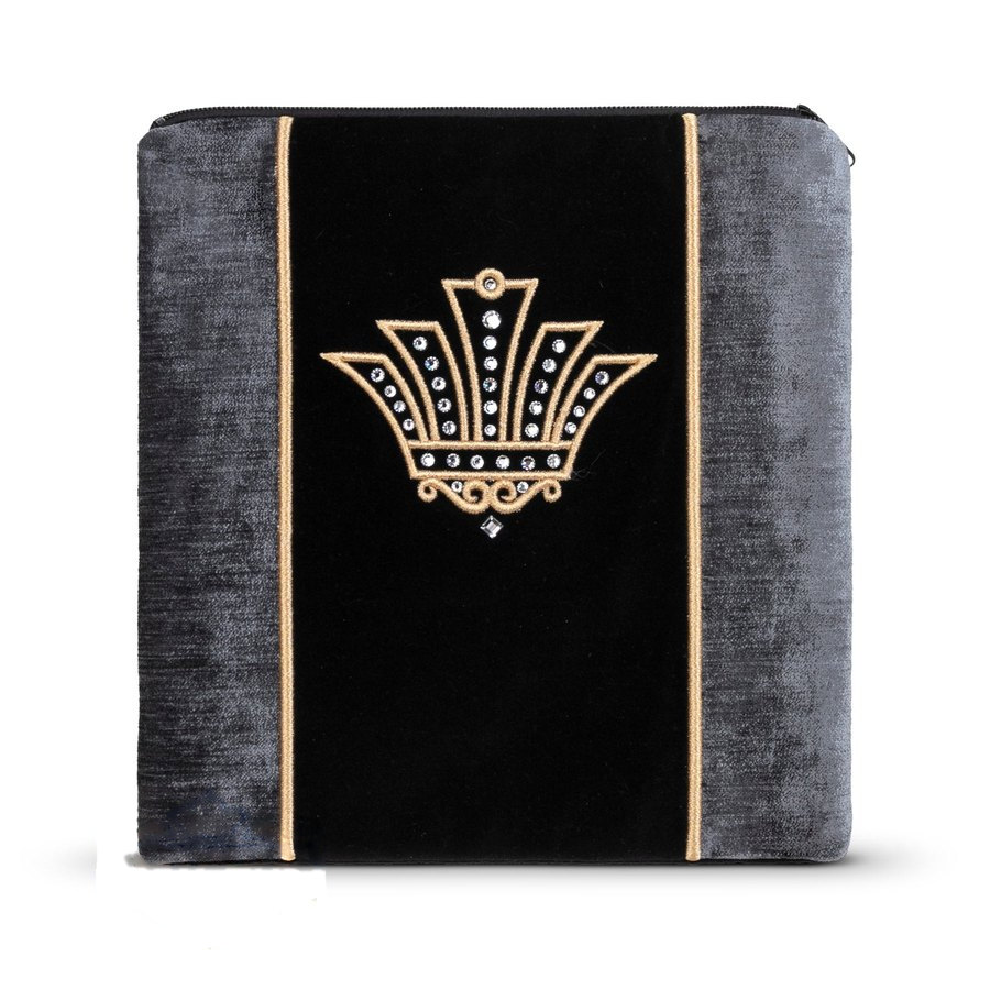 Tallit bag in black velvet and grey crushed velvet with gold embroidery, design MC 890
