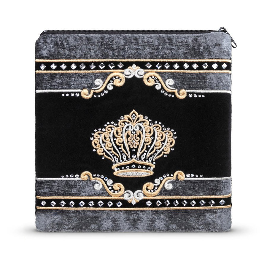 Tallit bag in black and grey crushed velvet with gold and silver embroidery, design MC 941