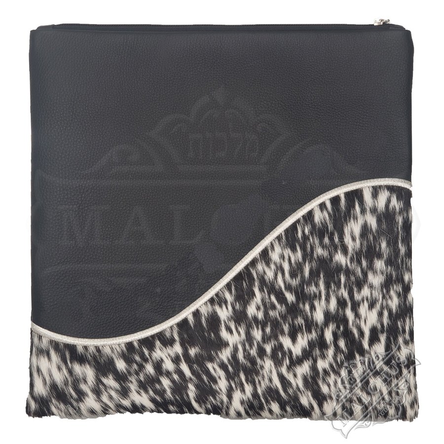 Tallit bag in black leather and speckled fur- silver, design MC 1015