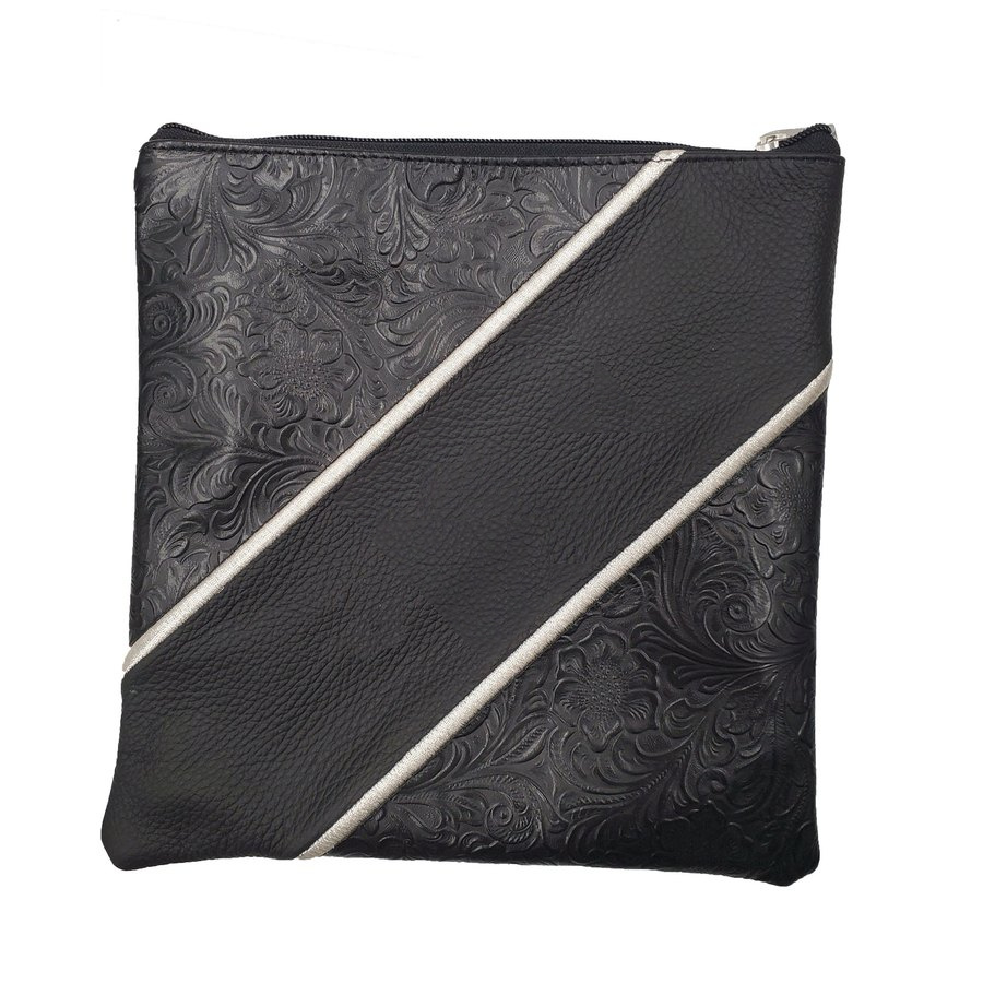 Tallit bag in black leather and black floral leather, design MC 1022