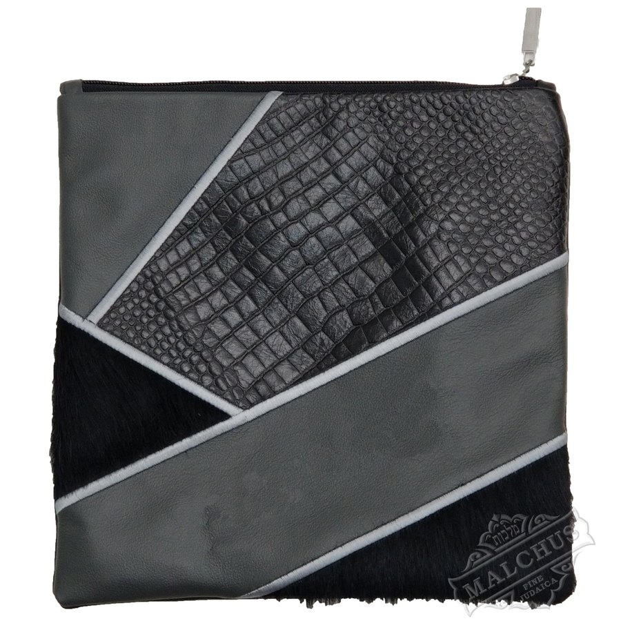 Tallit bag in grey, black and crocodile leather, design MC 1029