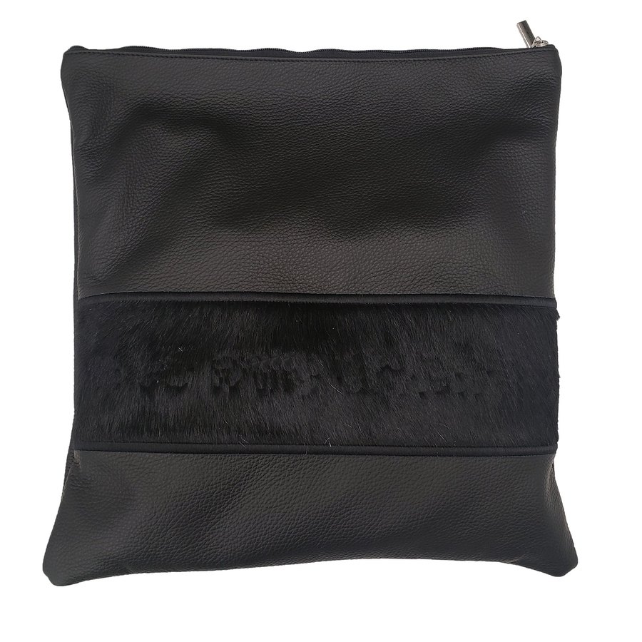Tallit bag in black leather and black fur, design MC 1036