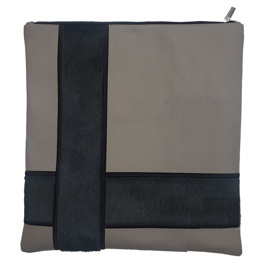 Tallit bag in light grey leather and dark grey fur, design MC 1038