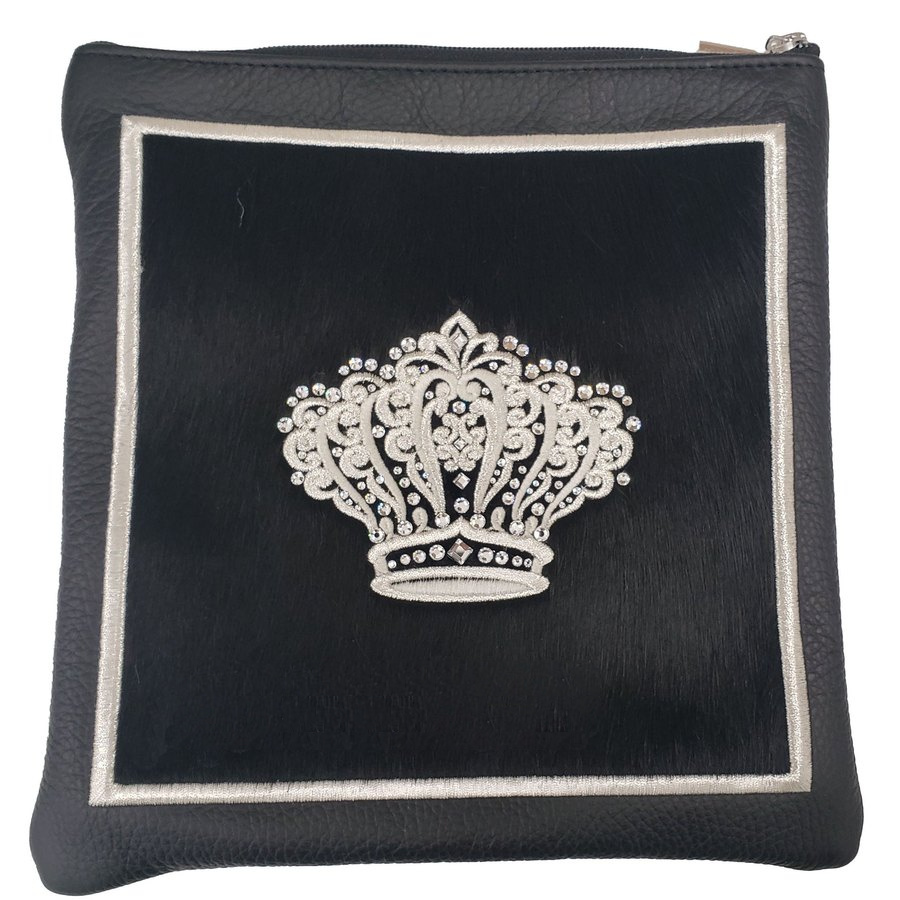 Tallit bag in grey leather with black frame and silver crown, design MC 2006