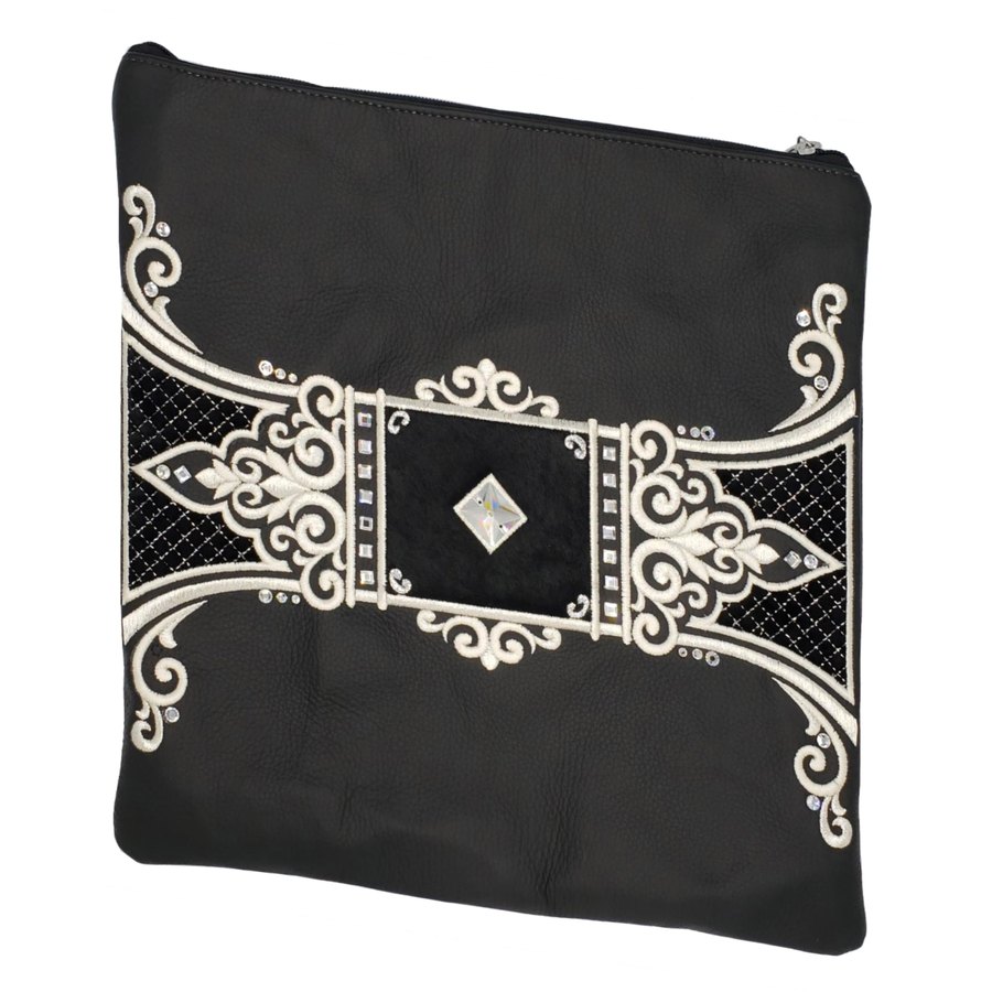 Tallit bag in black leather with a black fur center, design MC 2010