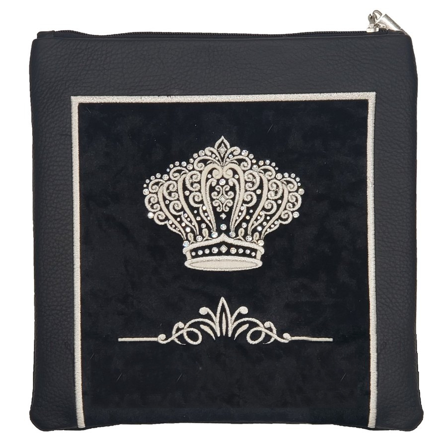 Tallit bag in black leather and black velvet with silver embroidery, design MC 2017
