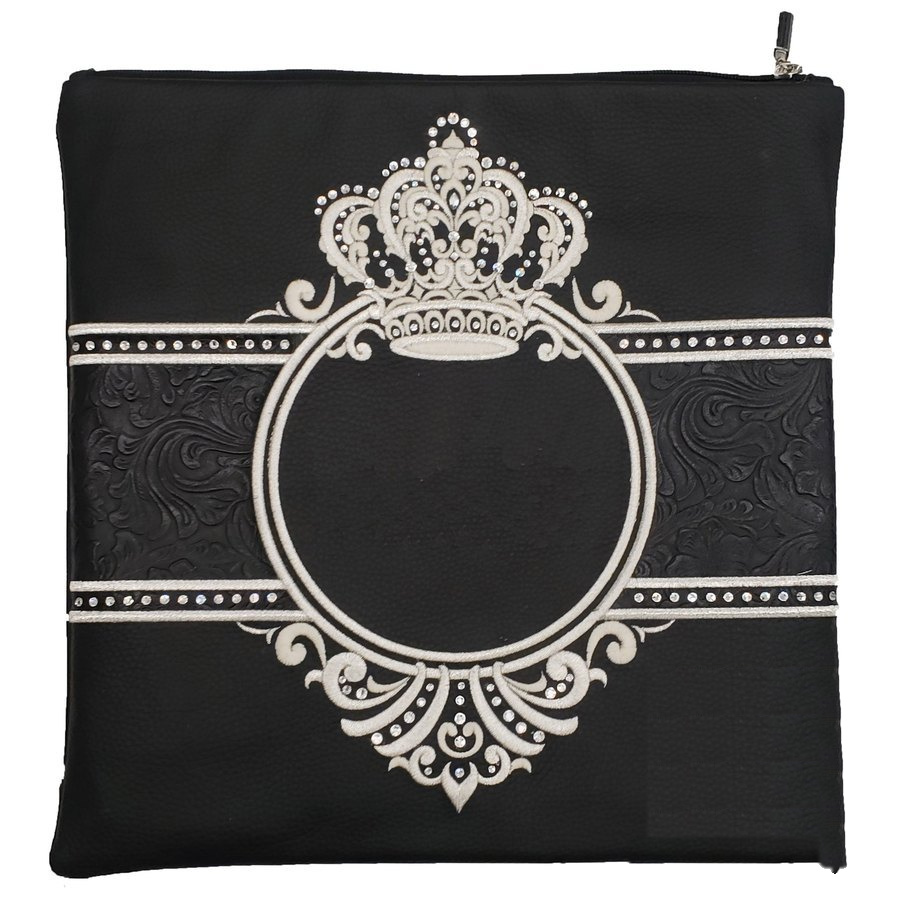 Tallit bag in black leather and black floral leather, design MC 2022