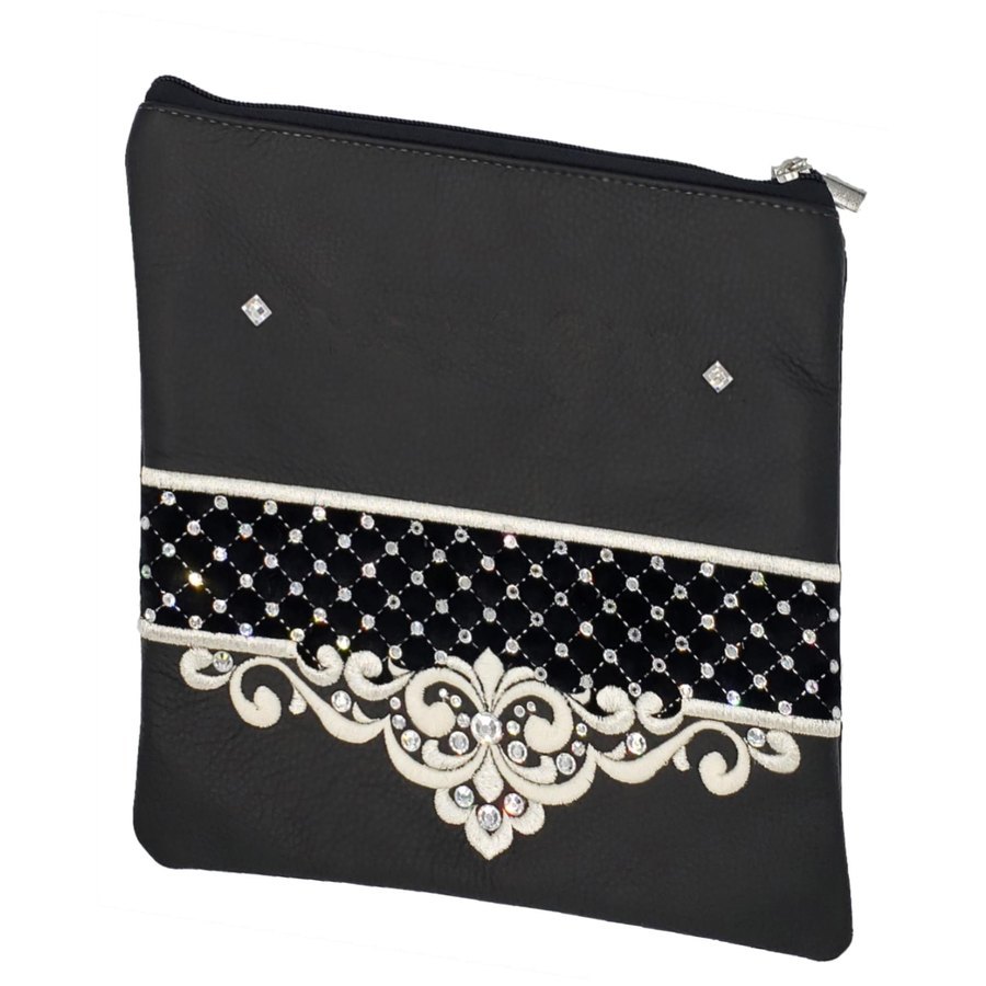 Tallit bag in black leather and black crushed velvet, design MC 2026