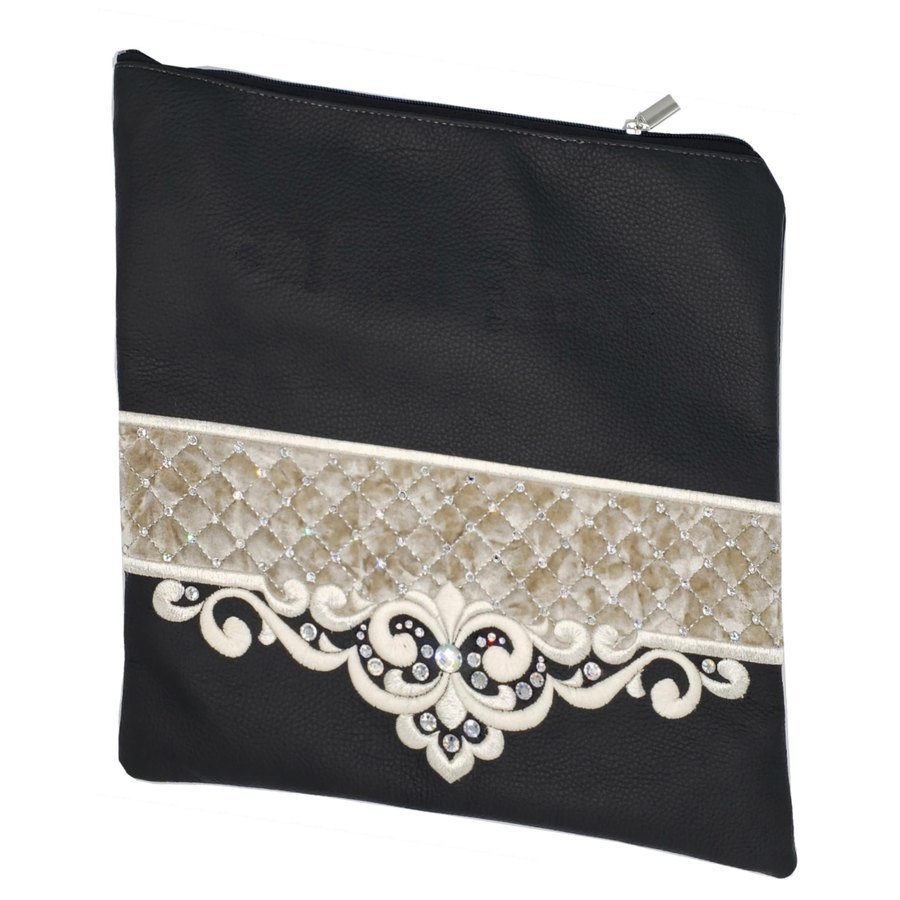 Tallit bag in black leather and off-white crushed velvet, design MC 2026