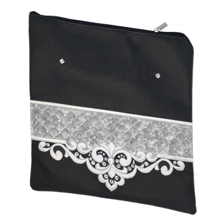Tallit bag in black leather and grey velvet, design MC 2026