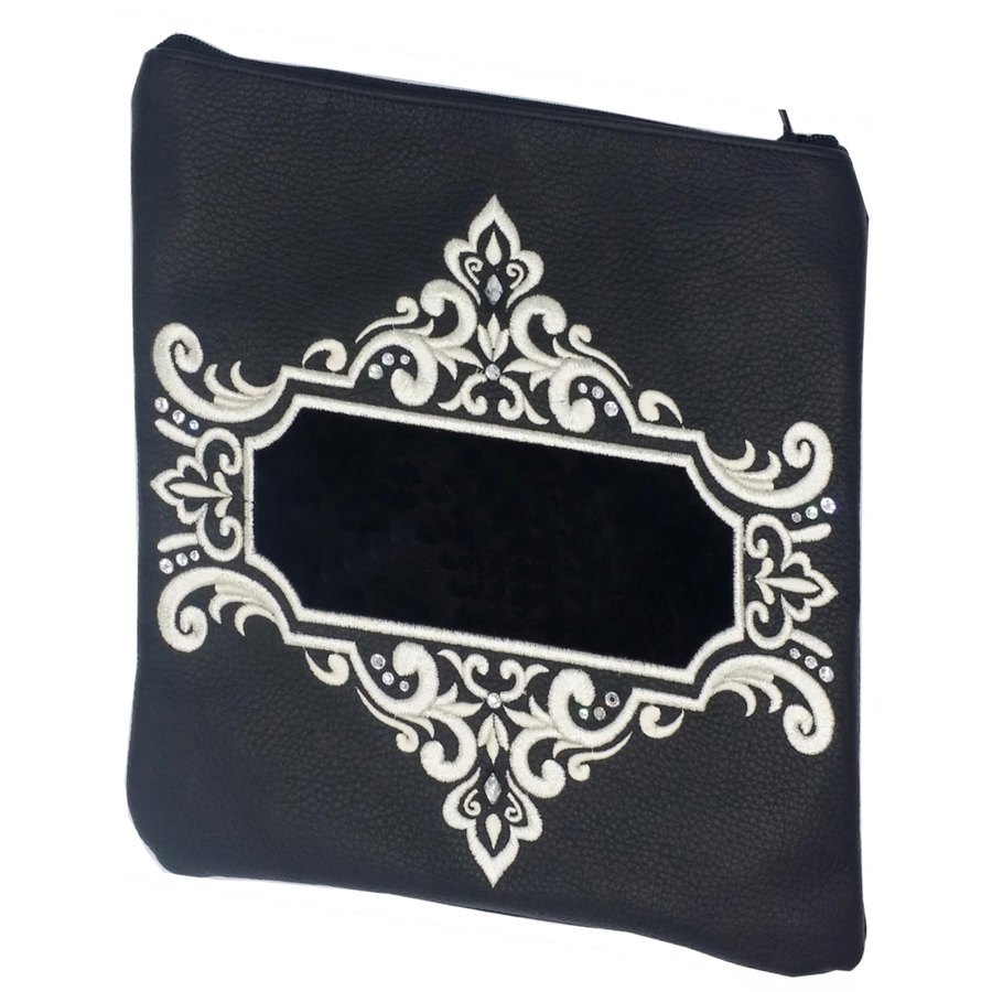 Tallit bag in black leather and black velvet, design MC 2029