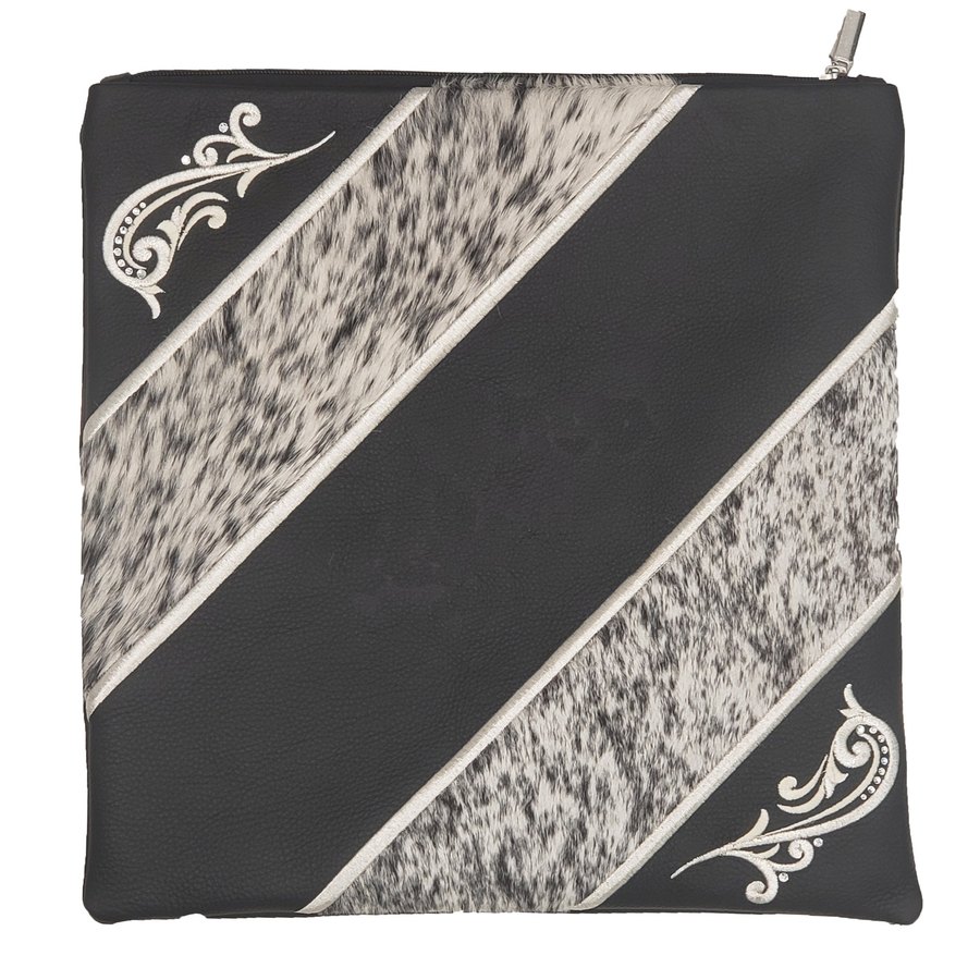 Tallit bag in black leather and speckled fur, design MC 1064