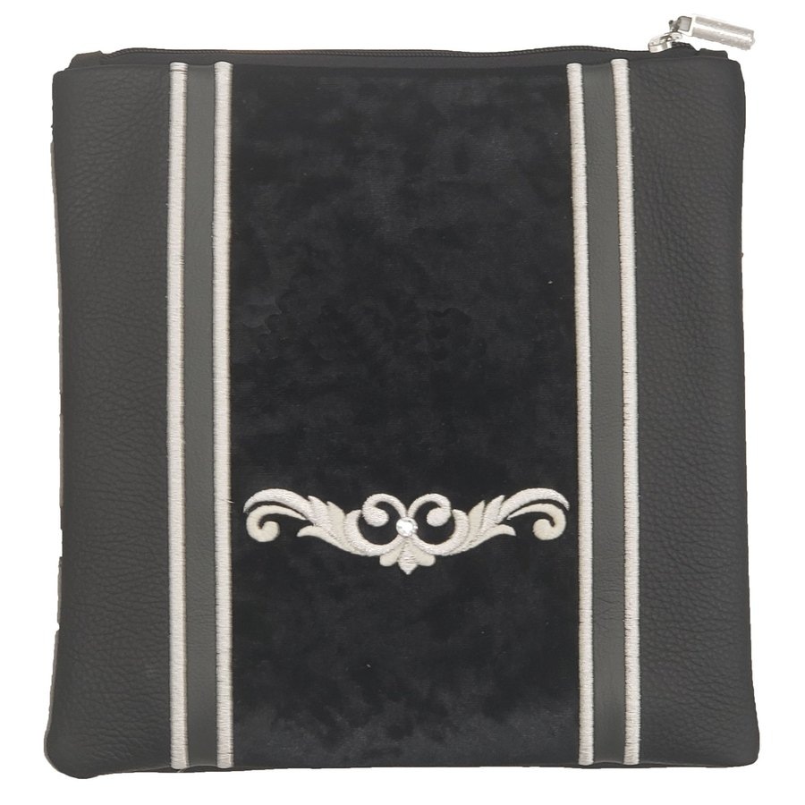 Tallis Bag Design MC 1066 - Grey Leather and Black Velvet with White Embroidery