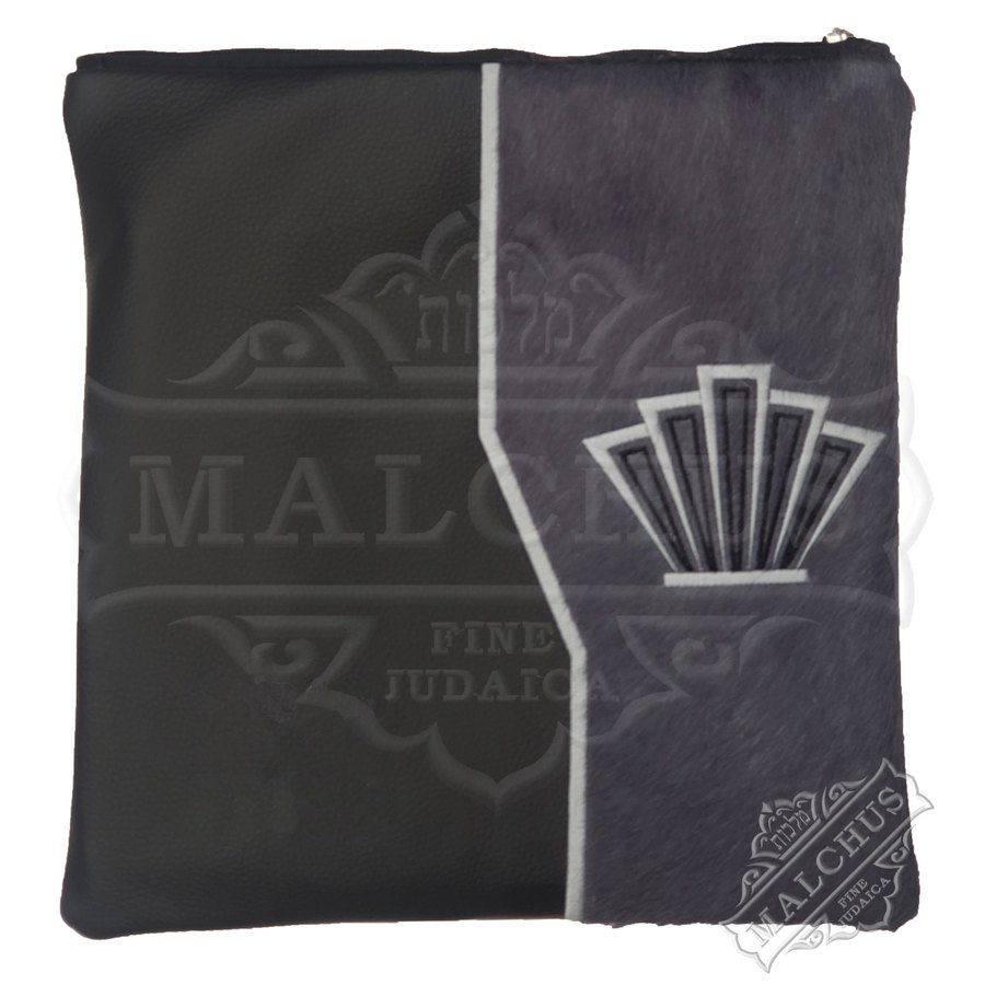 Tallit bag in black leather and grey fur, design MC 1250