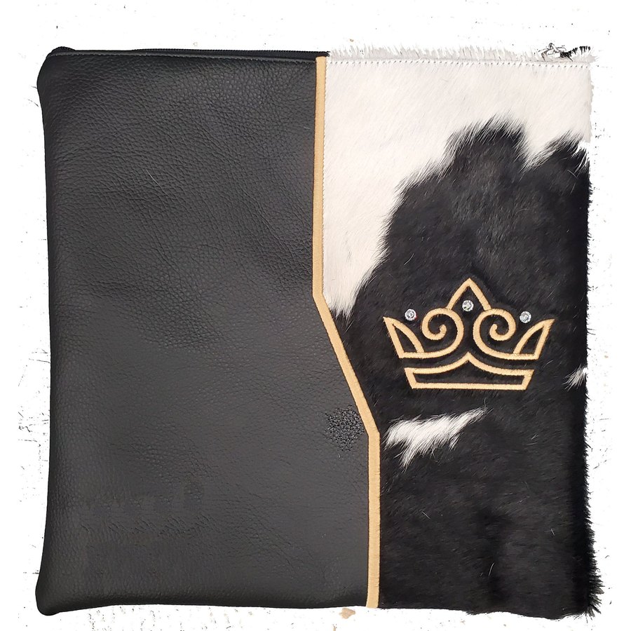 Tallit bag in black leather and black & white fur, design MC 1250