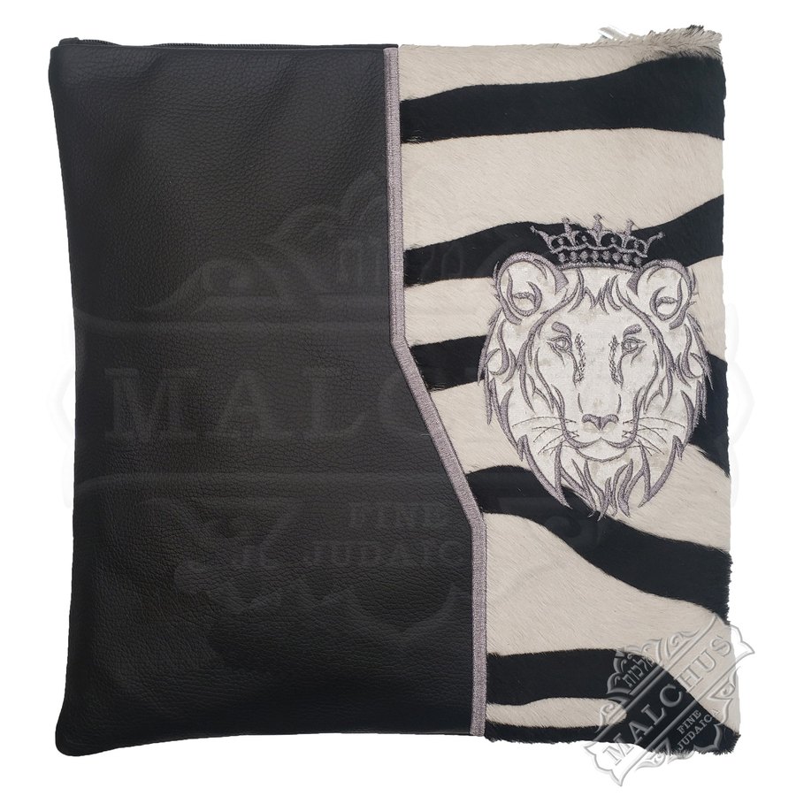 Tallit bag in black leather and zebra fur, design MC 1254