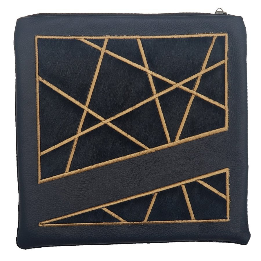 Tallit bag in navy leather and navy fur, design MC 1258