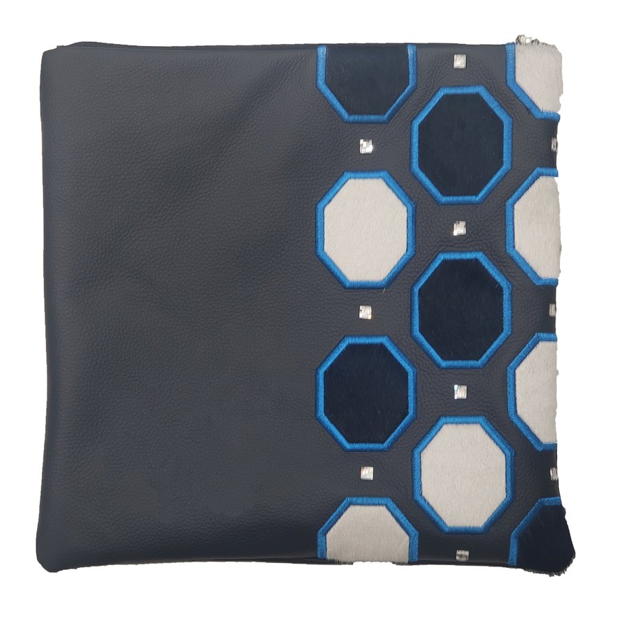 Tallis Bag Design MC 1265 - Dark Grey Leather and Navy & White Fur with Blue Embroidery