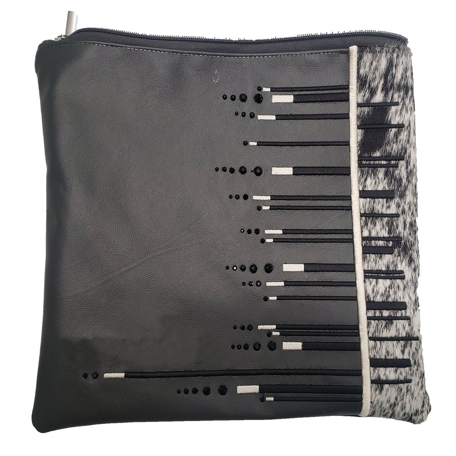 Tallit bag in charcoal leather and black & white fur, design MC 1275