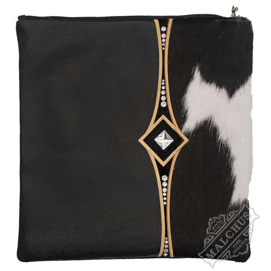 Tallit bag in black leather and black & white fur, design MC 1278