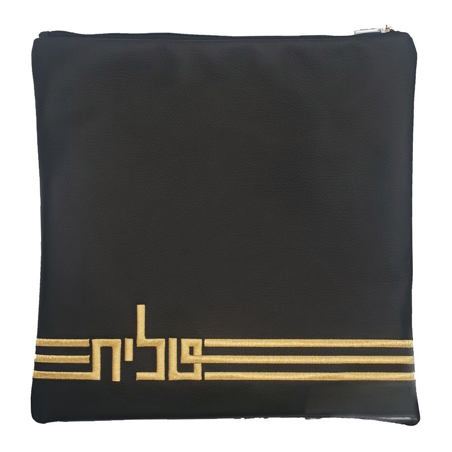 Tallit bag in black leather with gold embroidery, design MC 1315