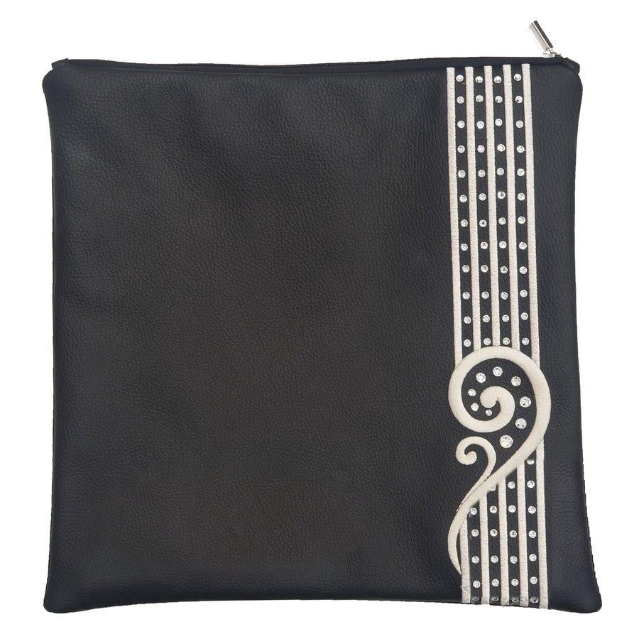 Tallit bag in black leather with rhinestone stripes, design MC 1320
