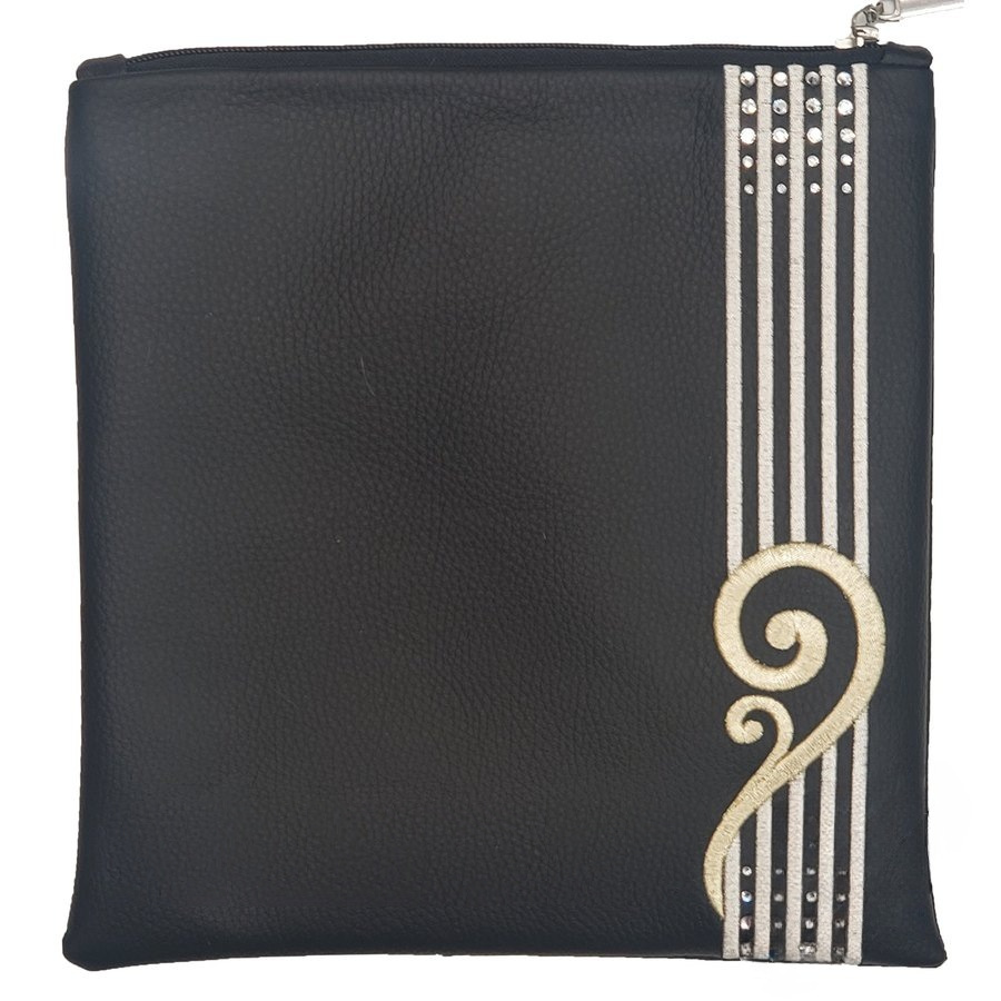 Tallit bag in black leather with cream embroidery, design MC 1321